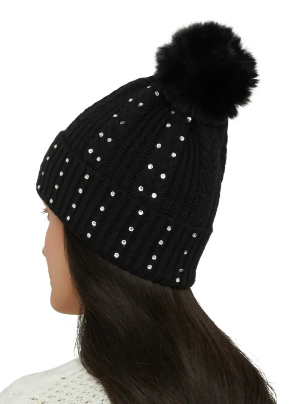 Rhinestone Studded Textured Knit Pom Pom Beanie sold by Rainbow