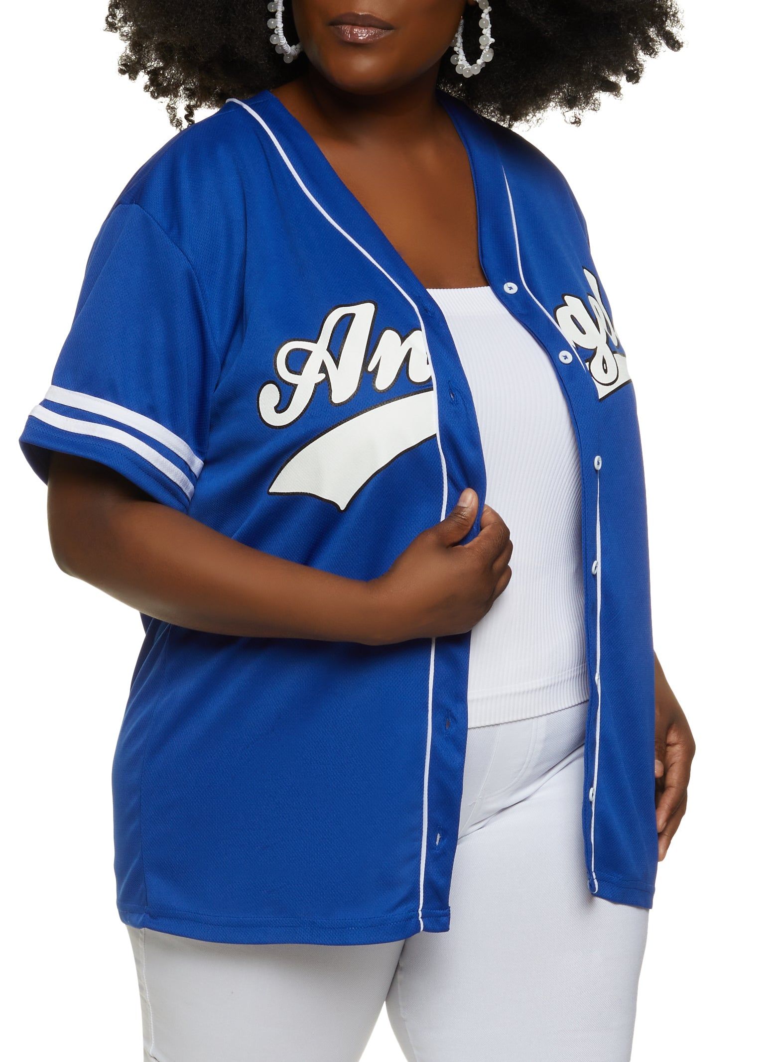 Plus Size Angel Button Front Mesh Baseball Tee sold by Rainbow