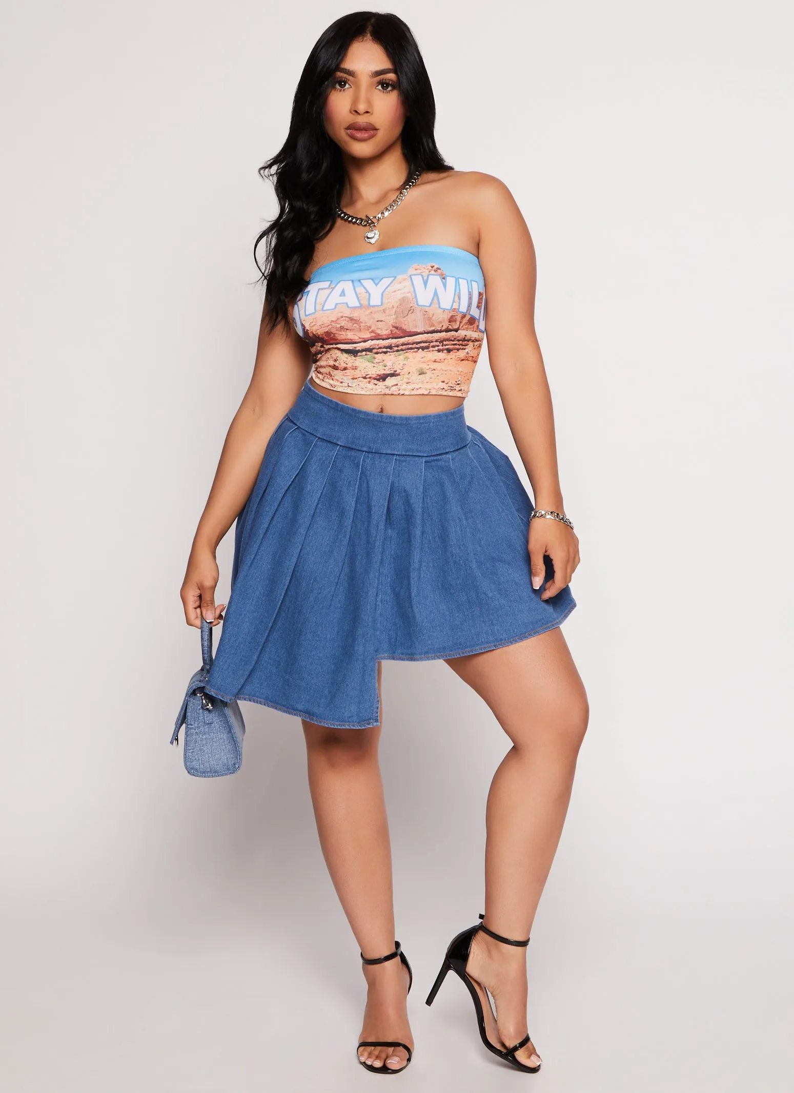 Daisy Denim Pleated Asymmetrical Skort sold by Rainbow