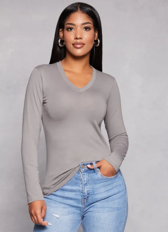 Basic V Neck Long Sleeve T Shirt sold by Rainbow