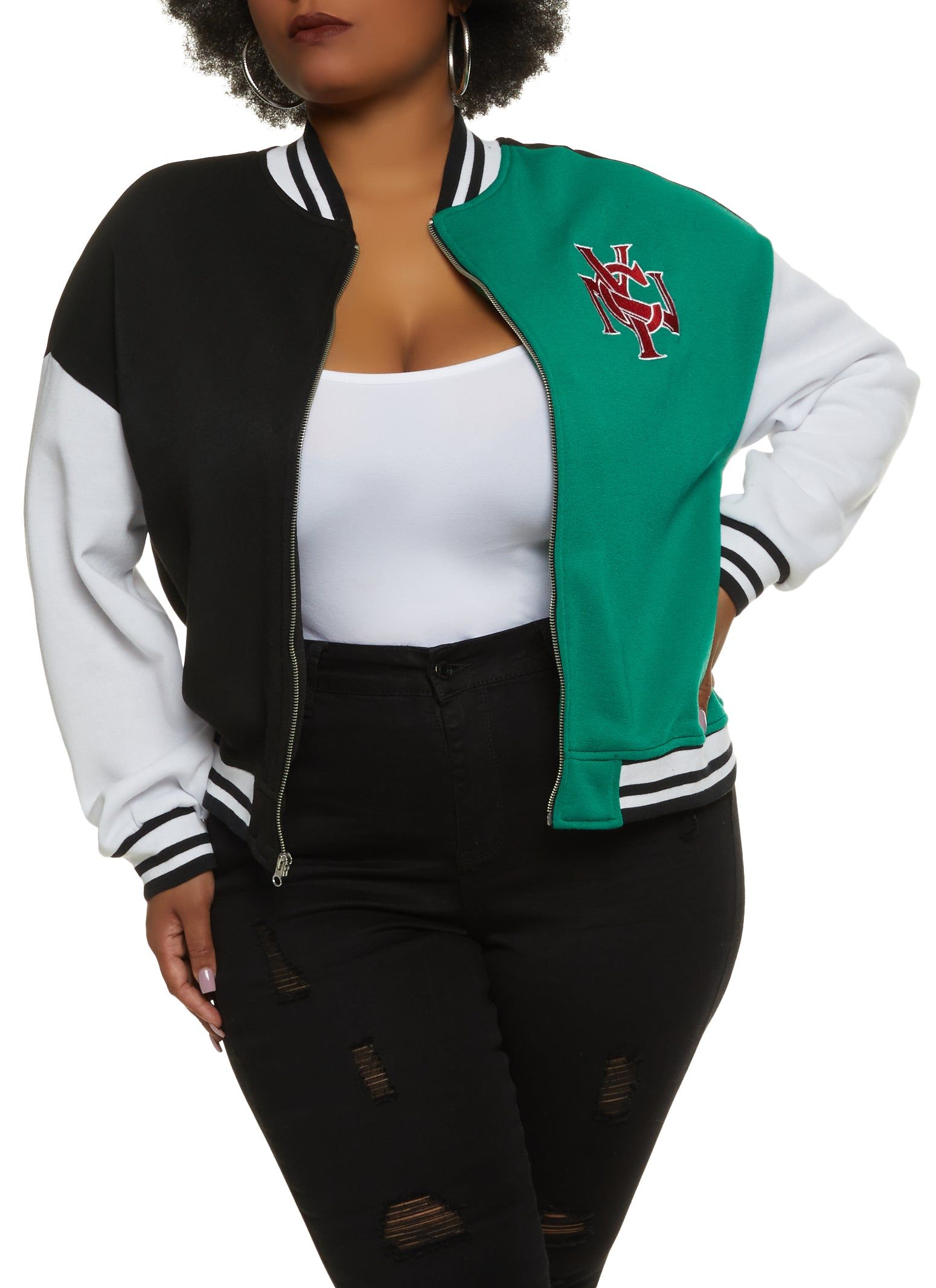 Plus Size Color Block NYC Zip Up Varsity Jacket sold by Rainbow