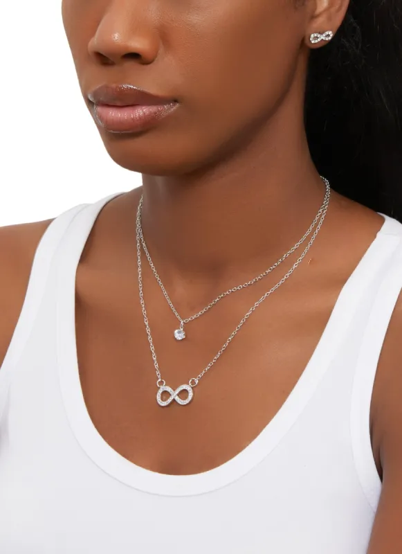 Rhinestone Infinity Layered Necklace and Stud Earrings sold by Rainbow