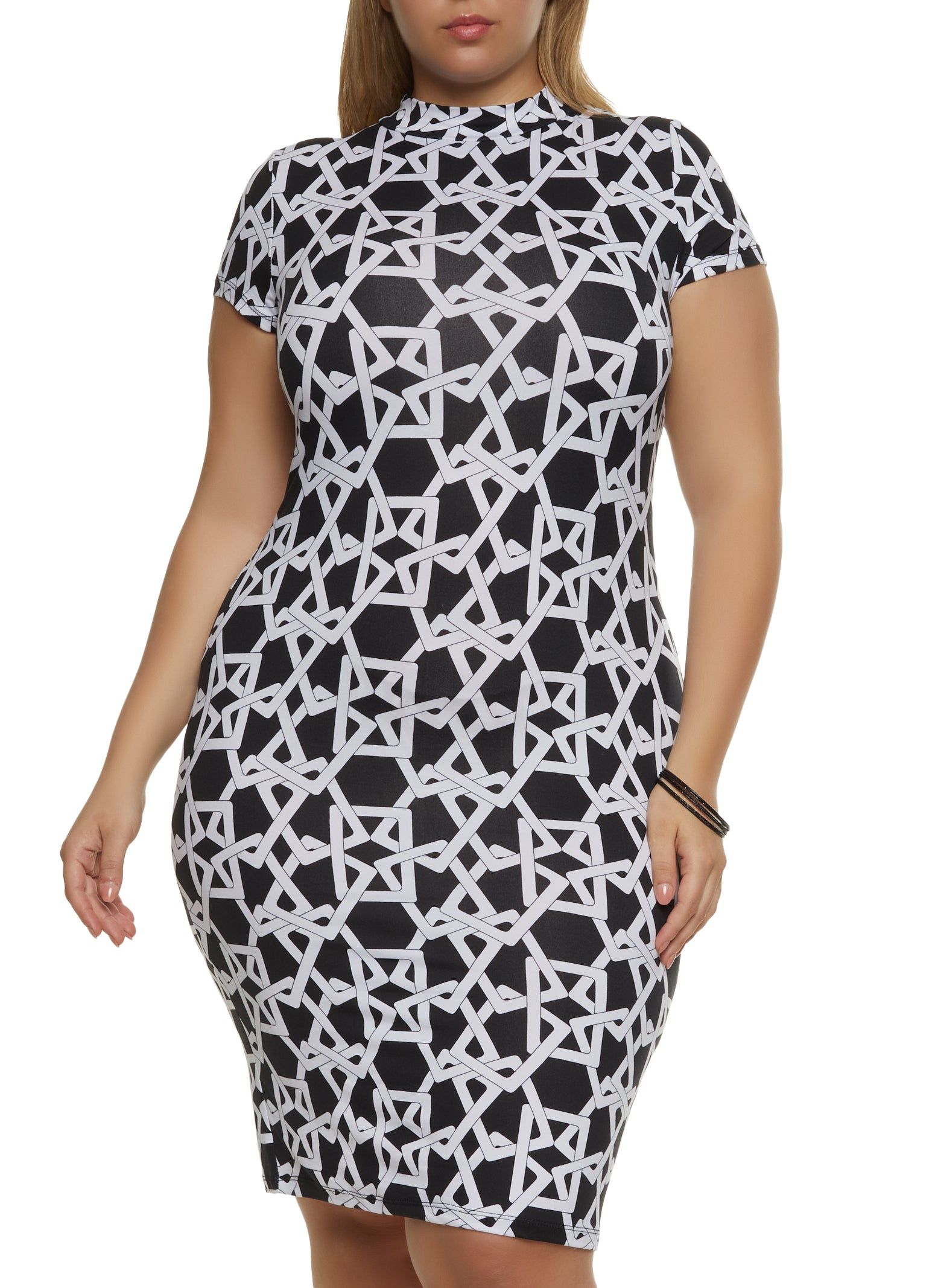 Plus Size Printed Mock Neck Midi Dress sold by Rainbow