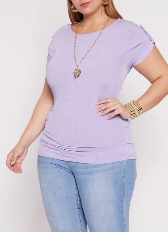 Plus Size Tabbed Short Sleeve Top with Necklace sold by Rainbow