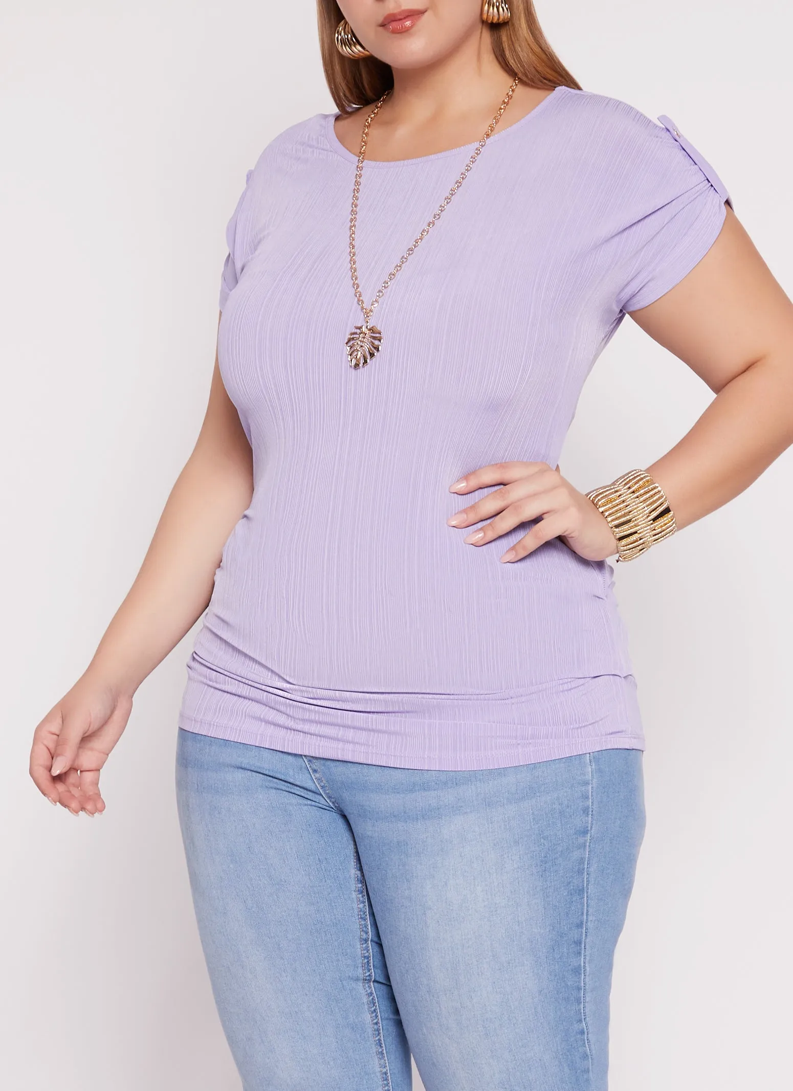 Plus Size Tabbed Short Sleeve Top with Necklace sold by Rainbow