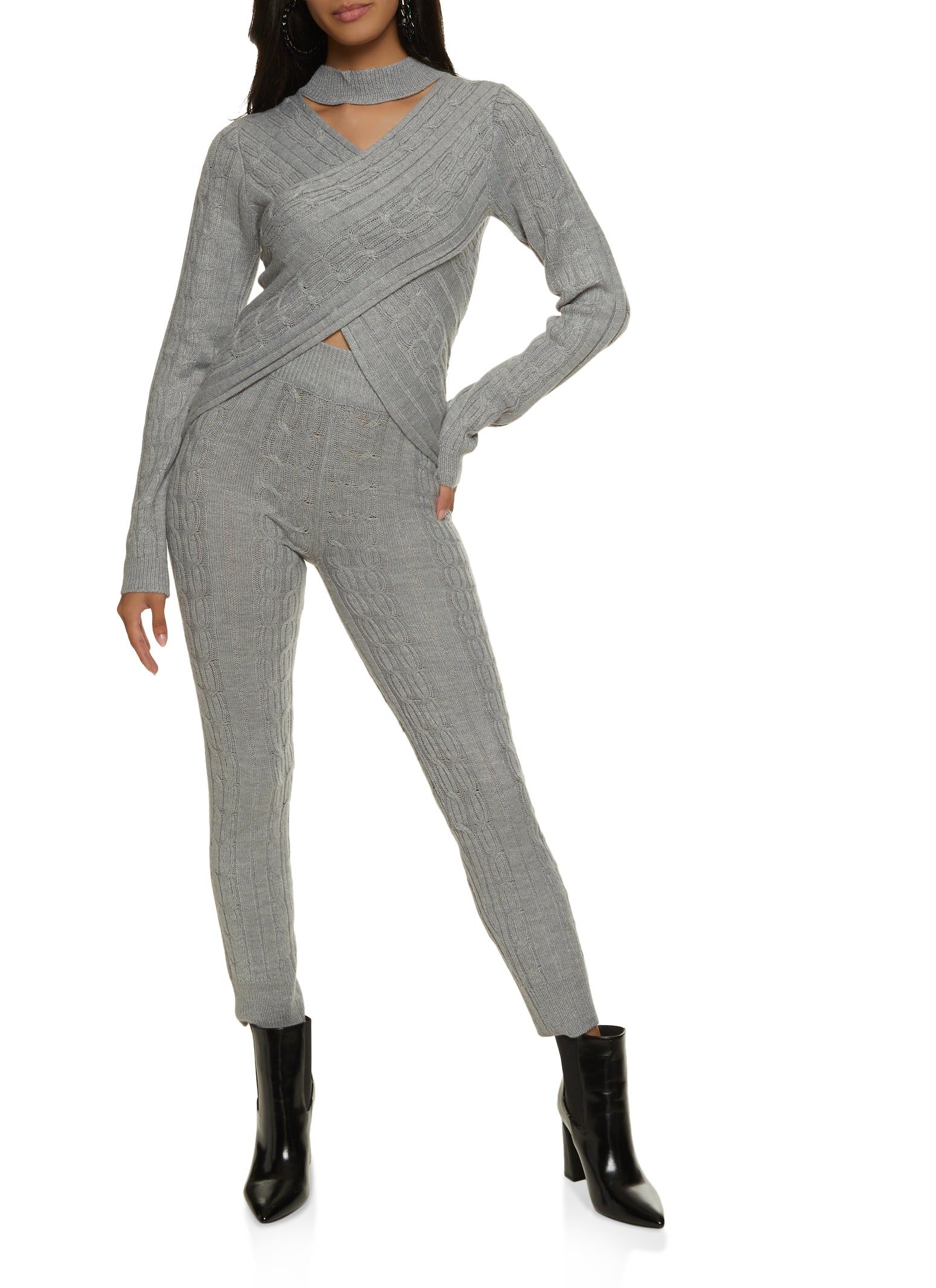 Cable Knit Cut Out Criss Cross Sweater and Pants Set sold by Rainbow
