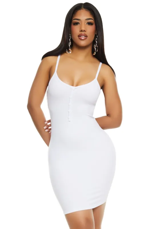 Ribbed Faux Button Front Cami Dress sold by Rainbow