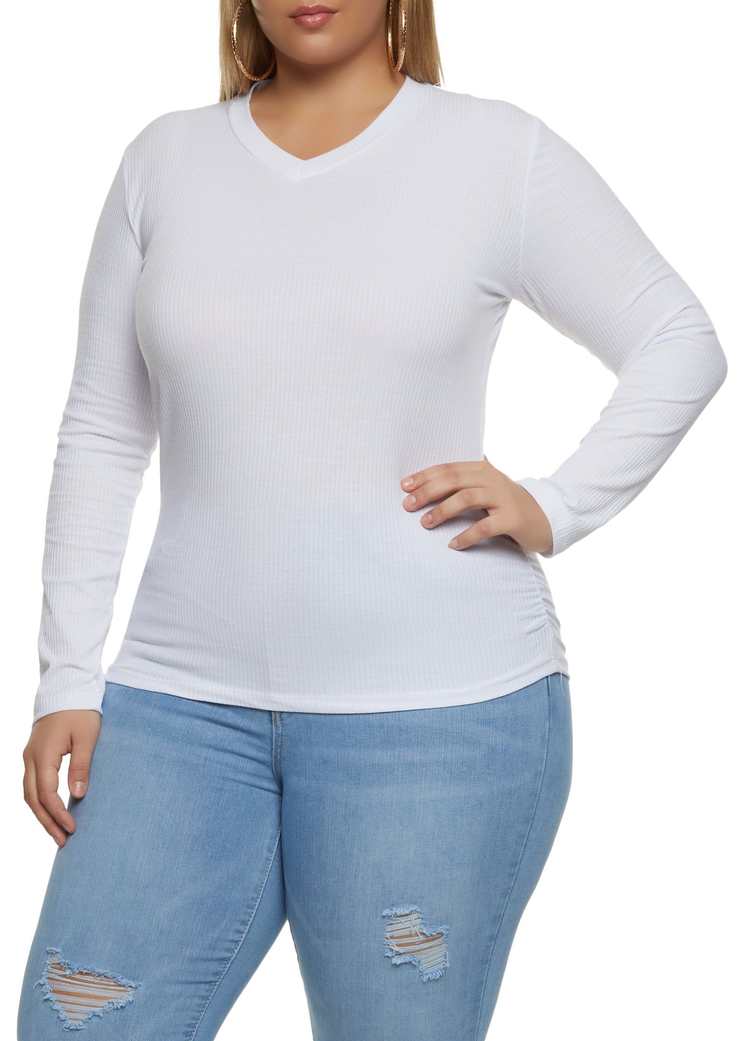 Plus Size Ribbed V Neck Ruched Side Tee sold by Rainbow