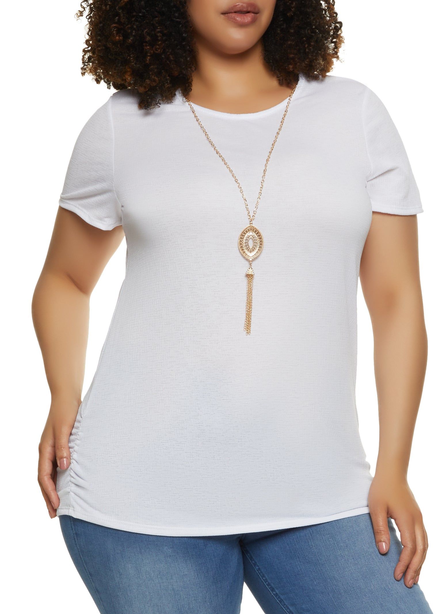 Plus Size Gauze Knit Ruched Tee with Necklace sold by Rainbow