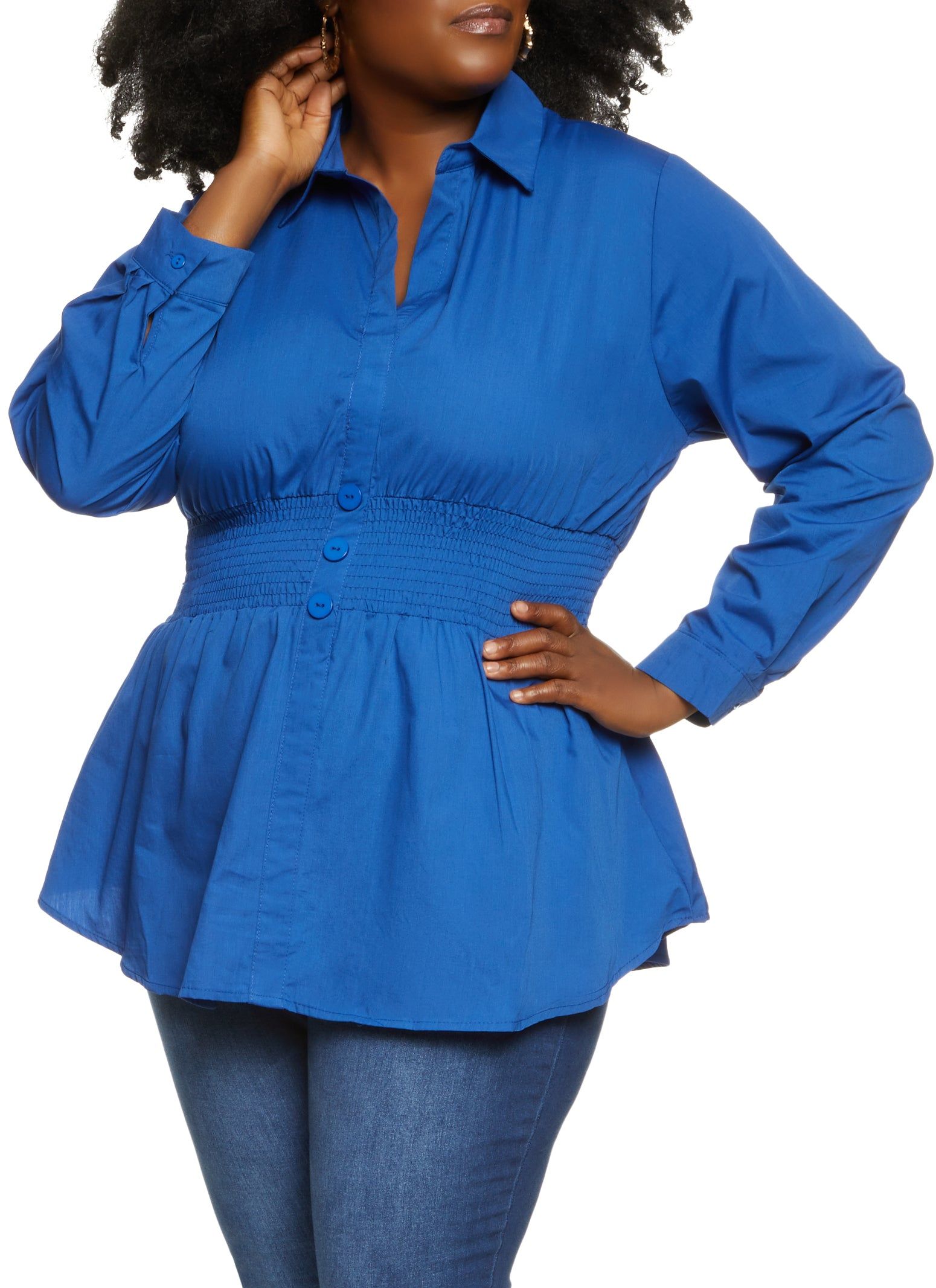 Plus Size Poplin Smocked Waist Shirt sold by Rainbow