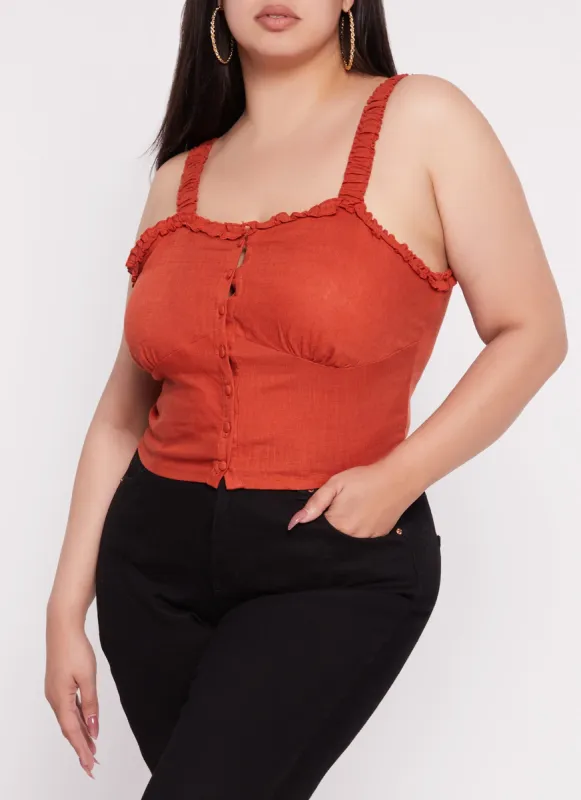 Plus Size Ruffled Trim Button Front Smocked Cami sold by Rainbow