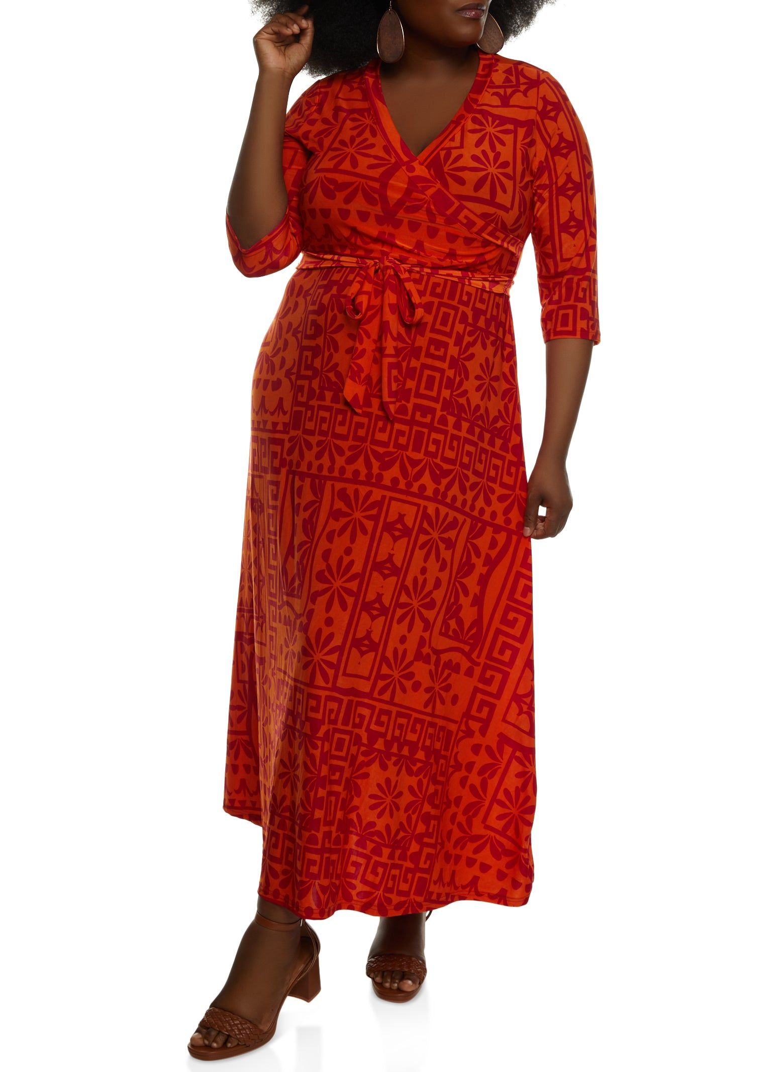 Plus Size Printed Tie Waist Belted Maxi Faux Wrap Dress sold by Rainbow