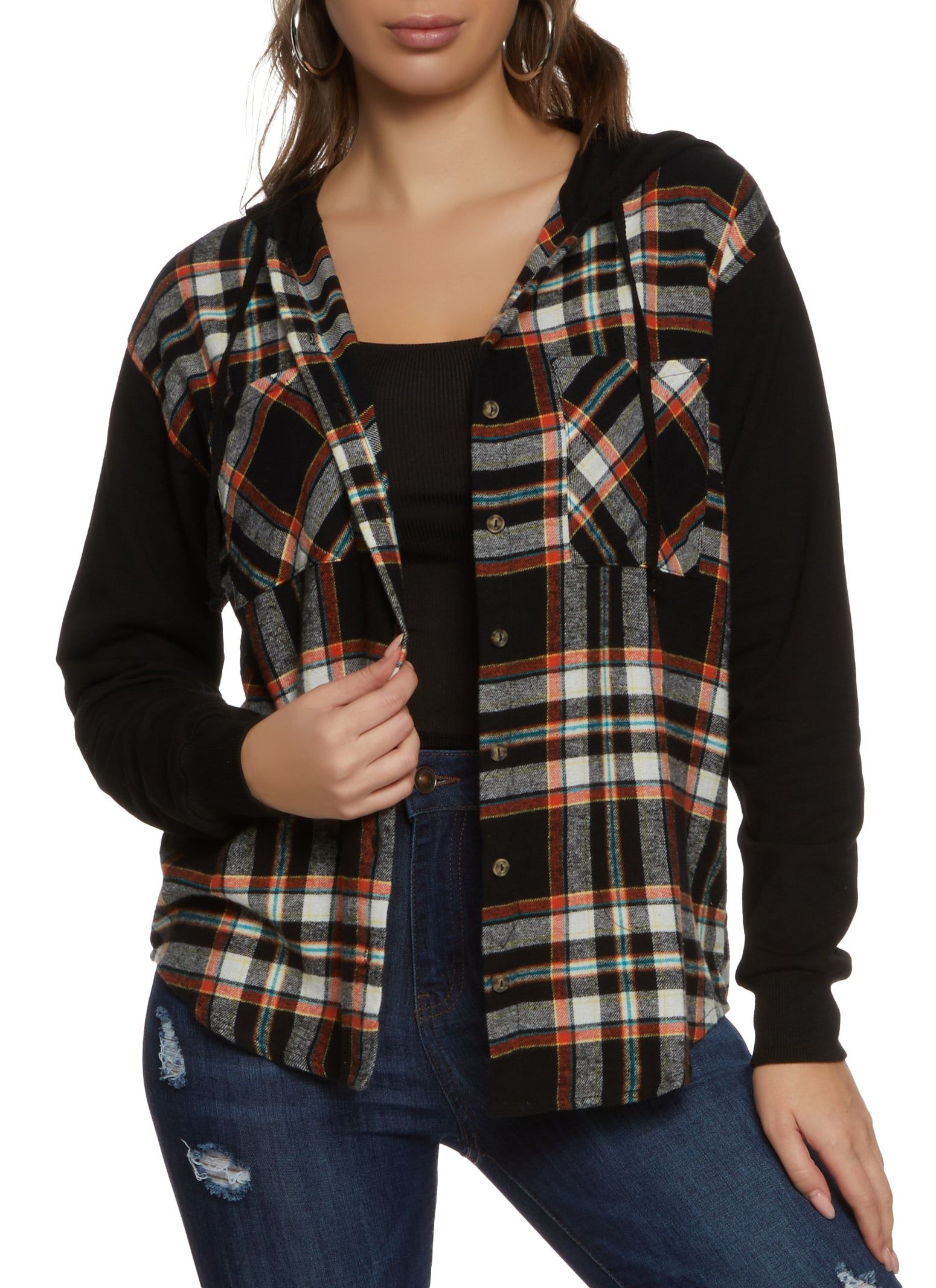 Plaid Button Front Hooded Flannel Shirt sold by Rainbow