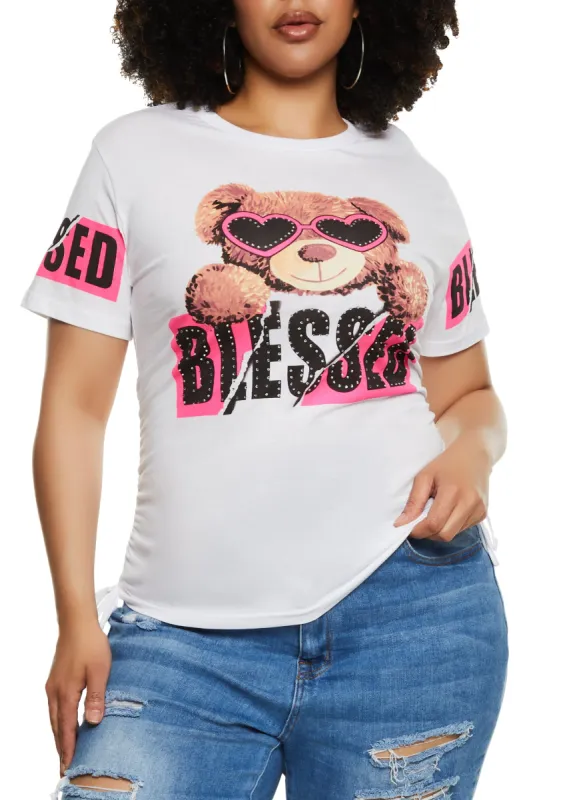 Plus Size Rhinestone Blessed Laser Cut Graphic Tee sold by Rainbow