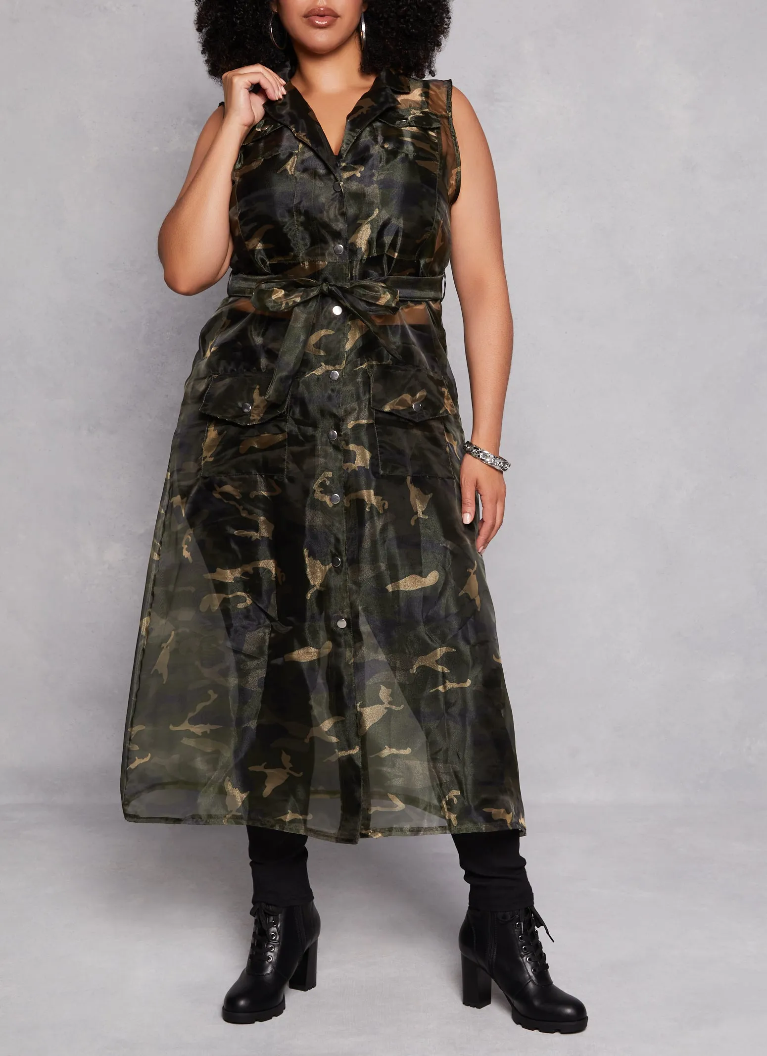 Plus Size Organza Button Front Tie Waist Belted Maxi Top sold by Rainbow product image thumbnail 2