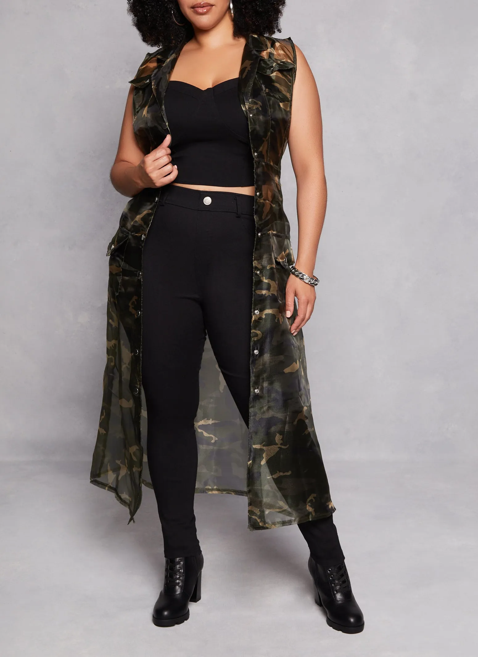 Plus Size Organza Button Front Tie Waist Belted Maxi Top sold by Rainbow