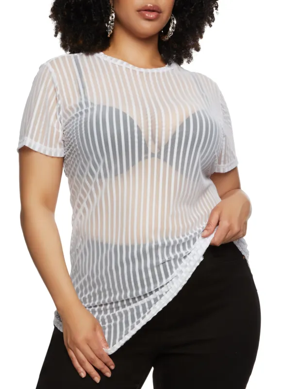 Plus Size Shadow Stripe Mesh Tunic Tee sold by Rainbow