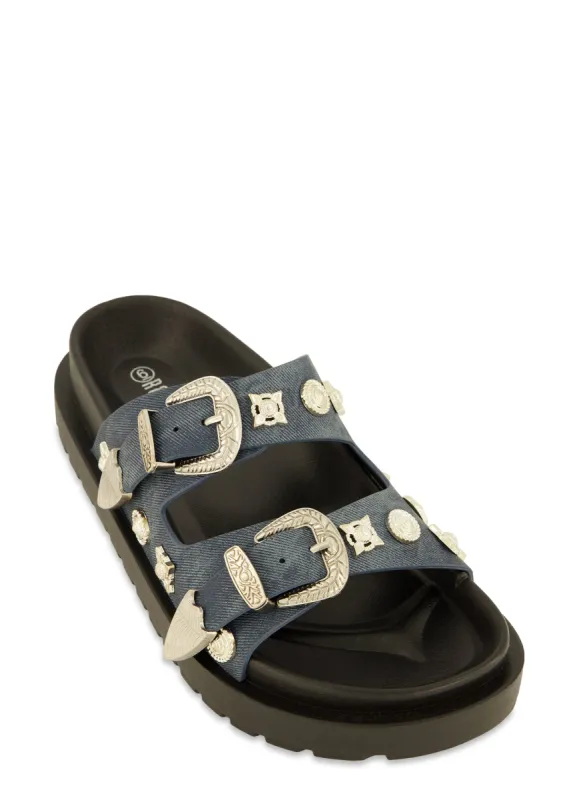 Double Buckle Band Embellished Slide Sandals sold by Rainbow