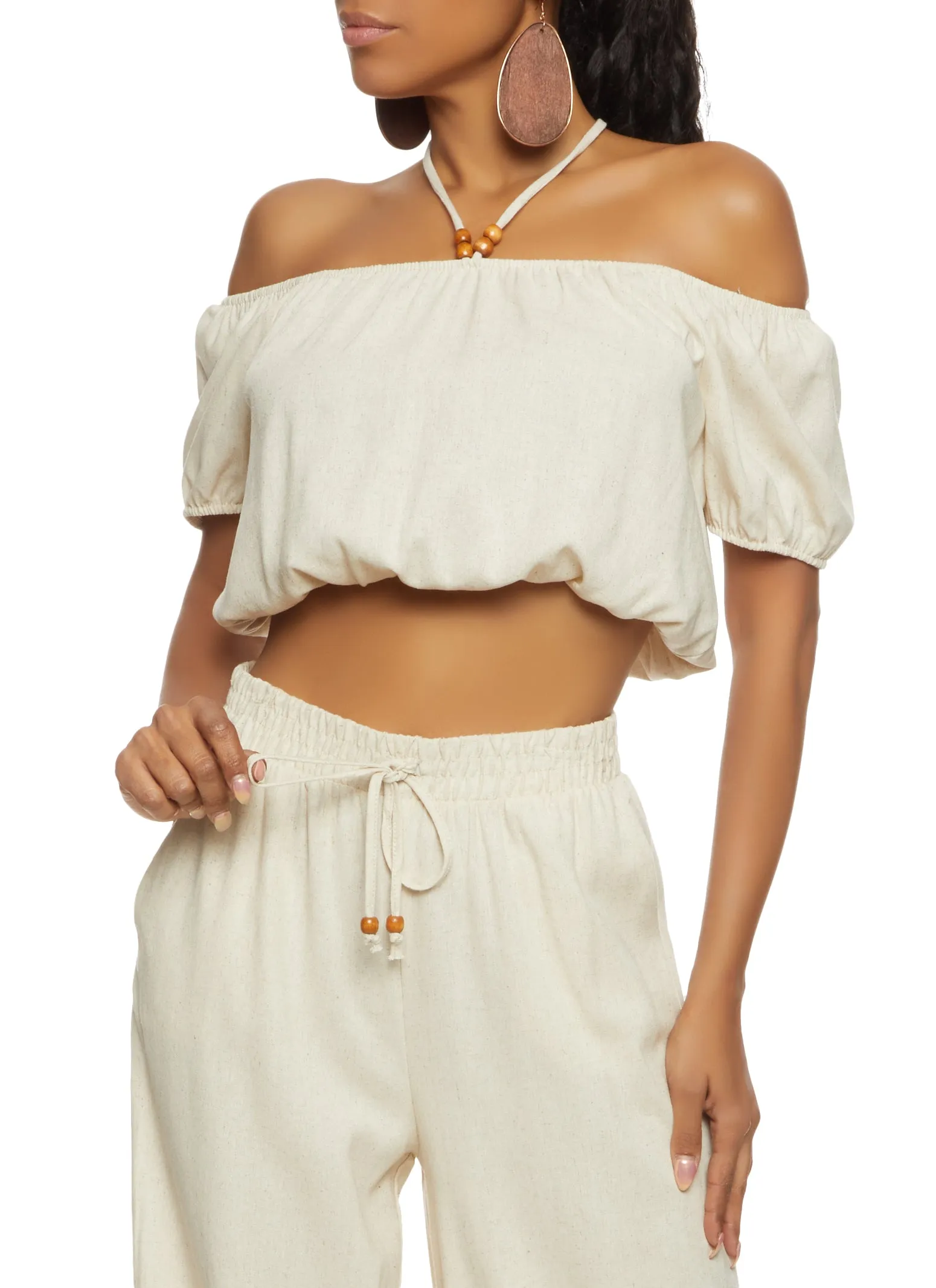 Iris Linen Off the Shoulder Halter Neck Crop Top sold by Rainbow