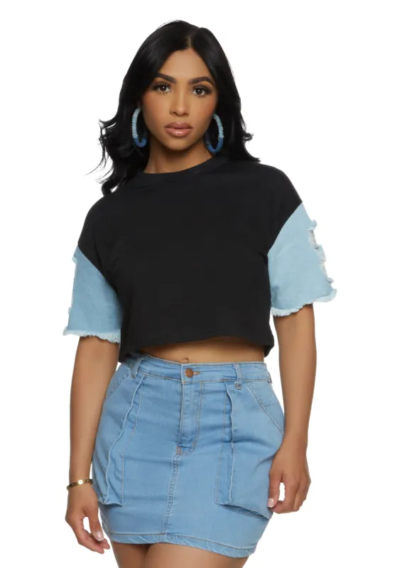 Distressed Denim Short Sleeve Crop Top sold by Rainbow