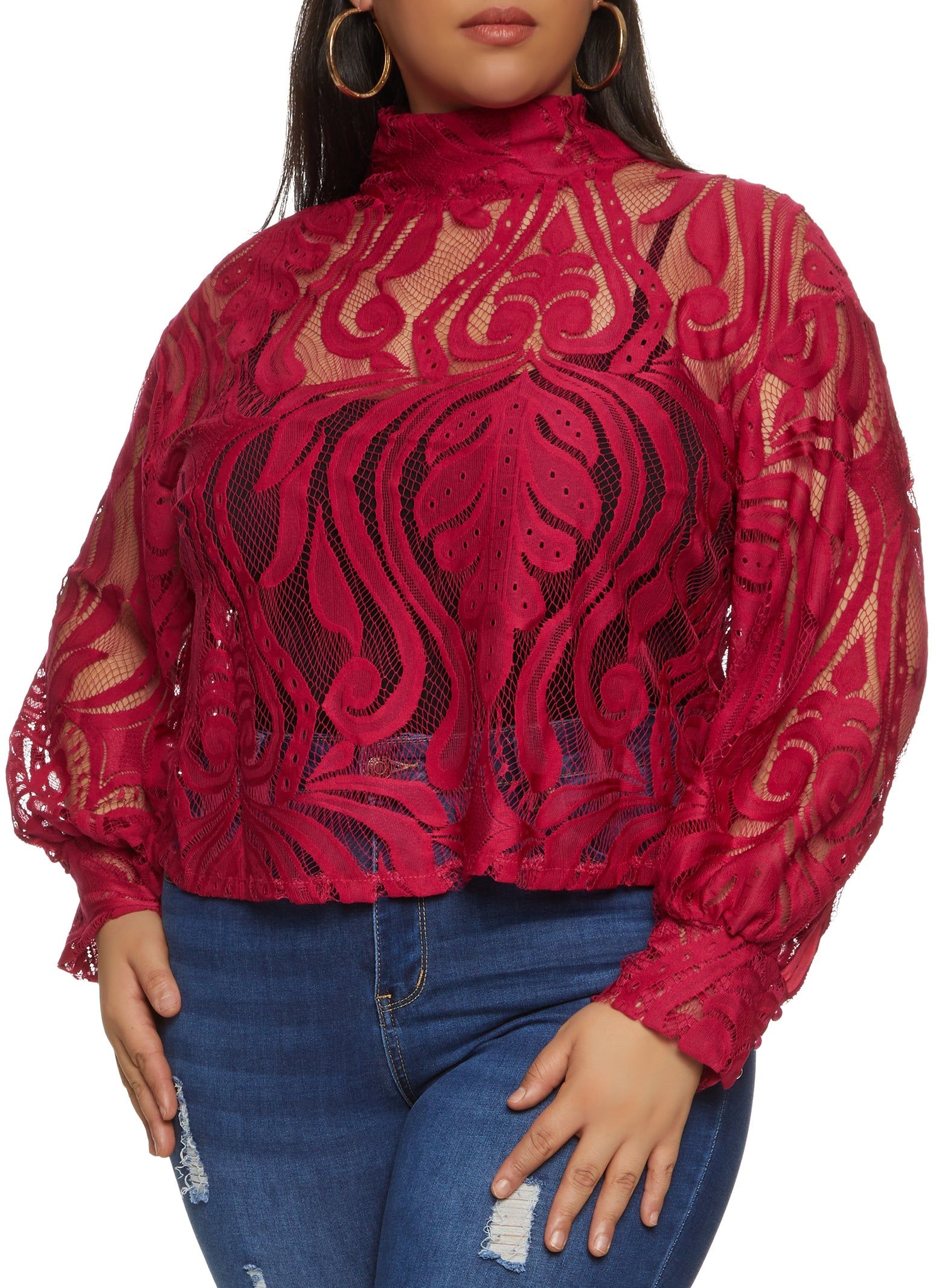 Plus Size Zip Back Mock Neck Lace Blouse sold by Rainbow
