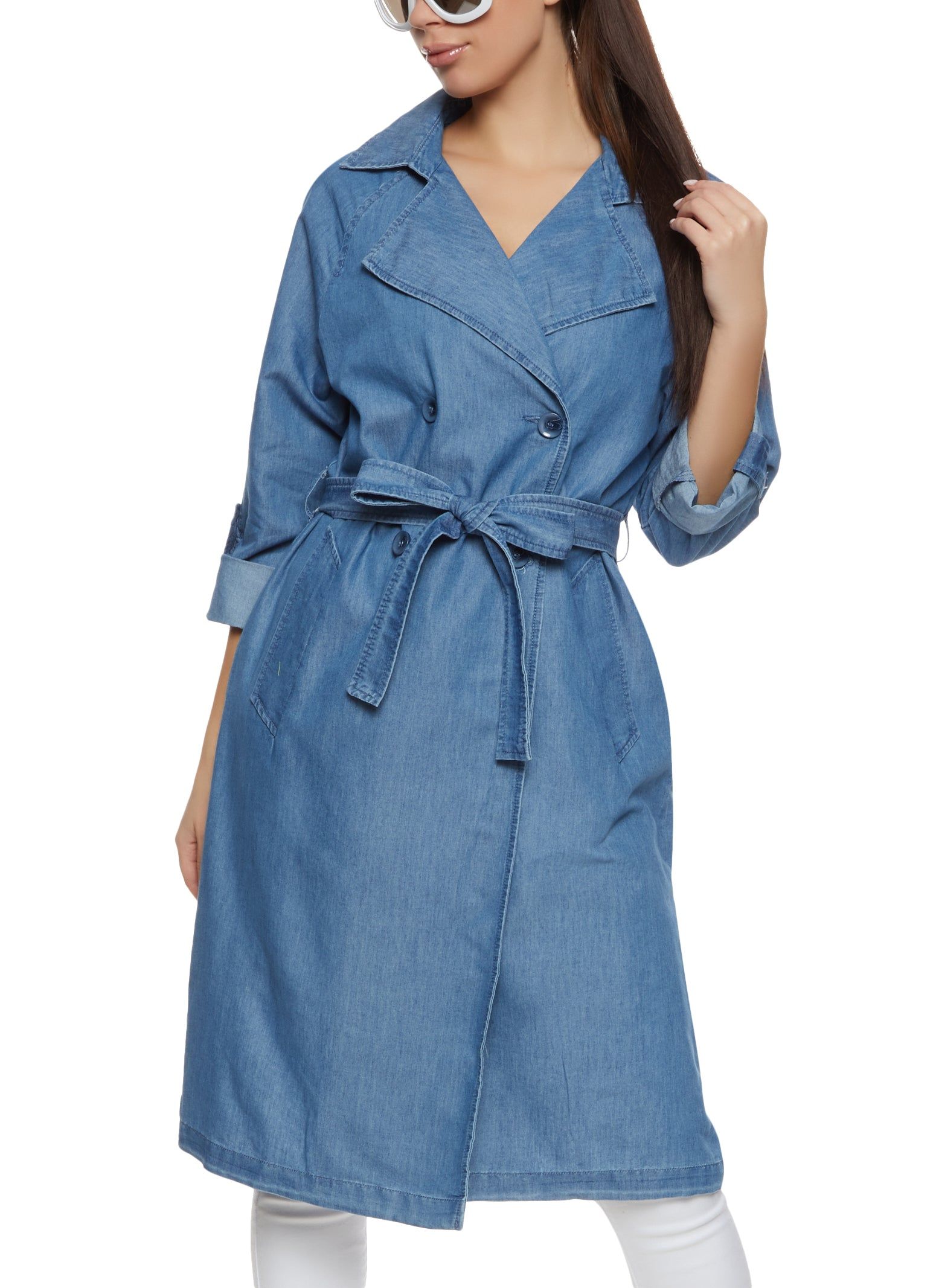 Denim Tie Waist Belted Trench Coat sold by Rainbow