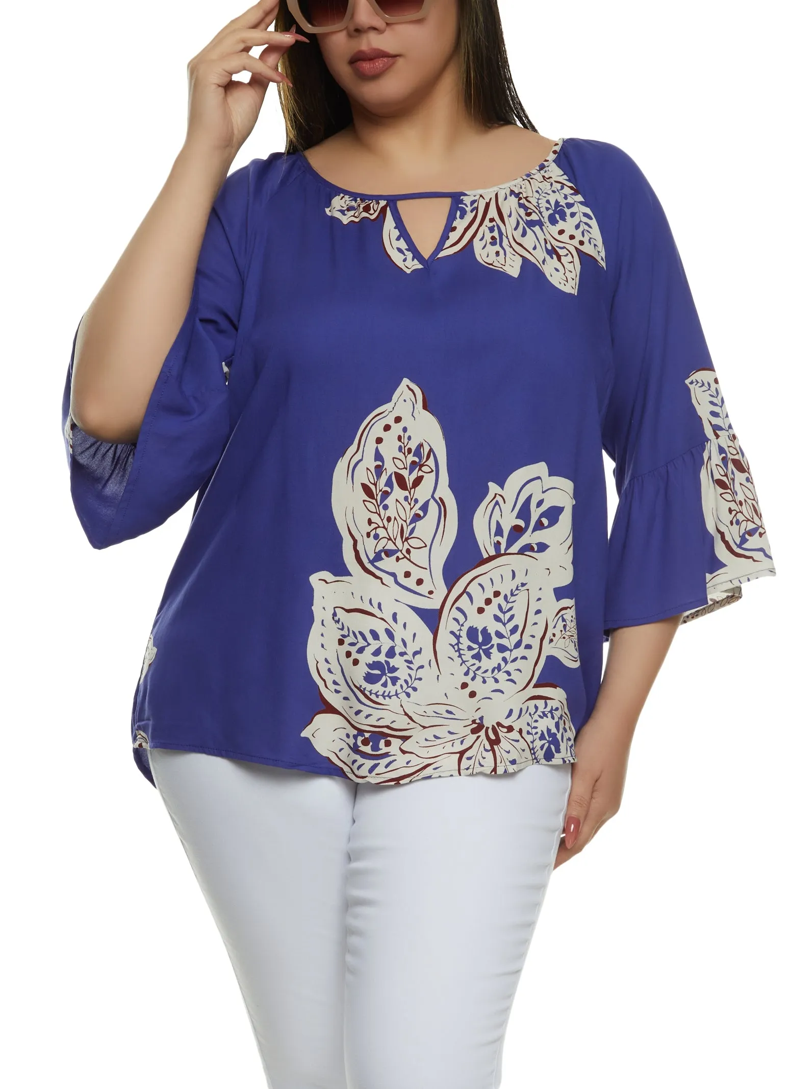 Plus Size Floral Print Bell Sleeve Blouse sold by Rainbow