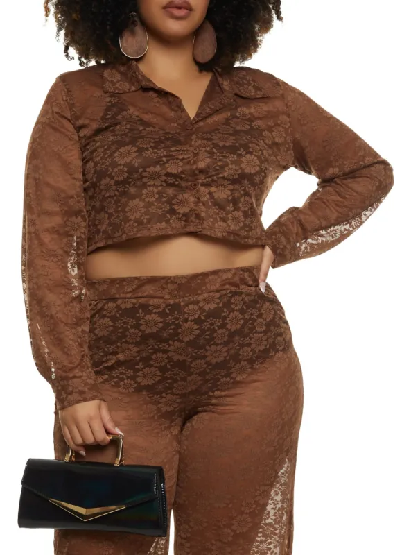 Plus Size Floral Lace Cropped Shirt sold by Rainbow