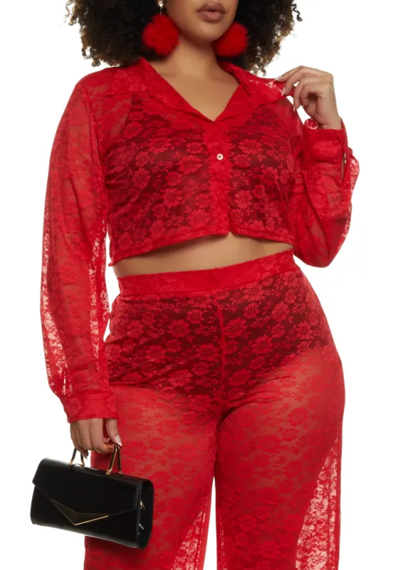 Plus Size Floral Lace Cropped Shirt sold by Rainbow