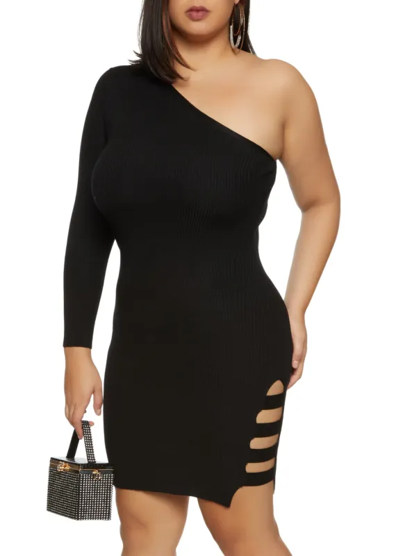 Plus Size Side Caged One Shoulder Long Sleeve Dress sold by Rainbow