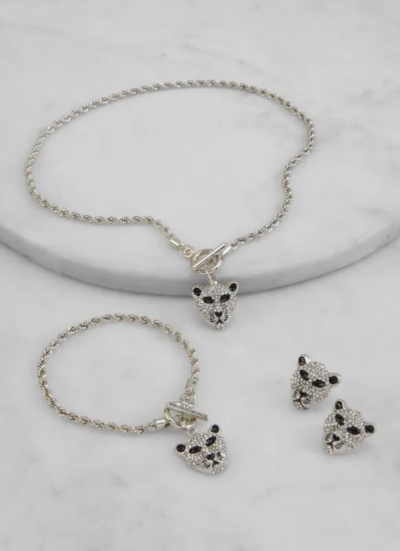 Rhinestone Leopard Pendant Necklace with Bracelet and Earrings sold by Rainbow