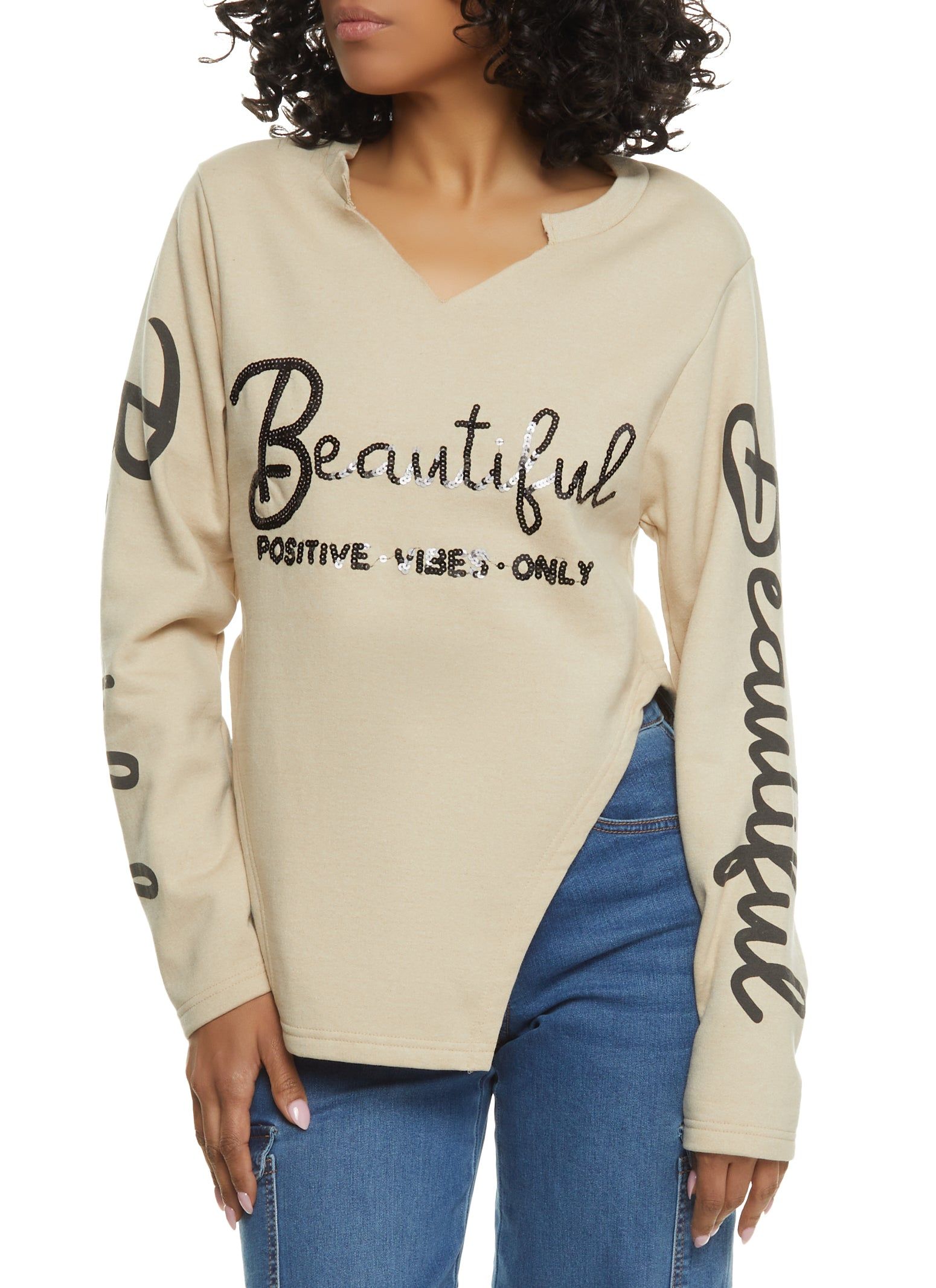 Beautiful Sequin Notch Neck Graphic Sweatshirt sold by Rainbow