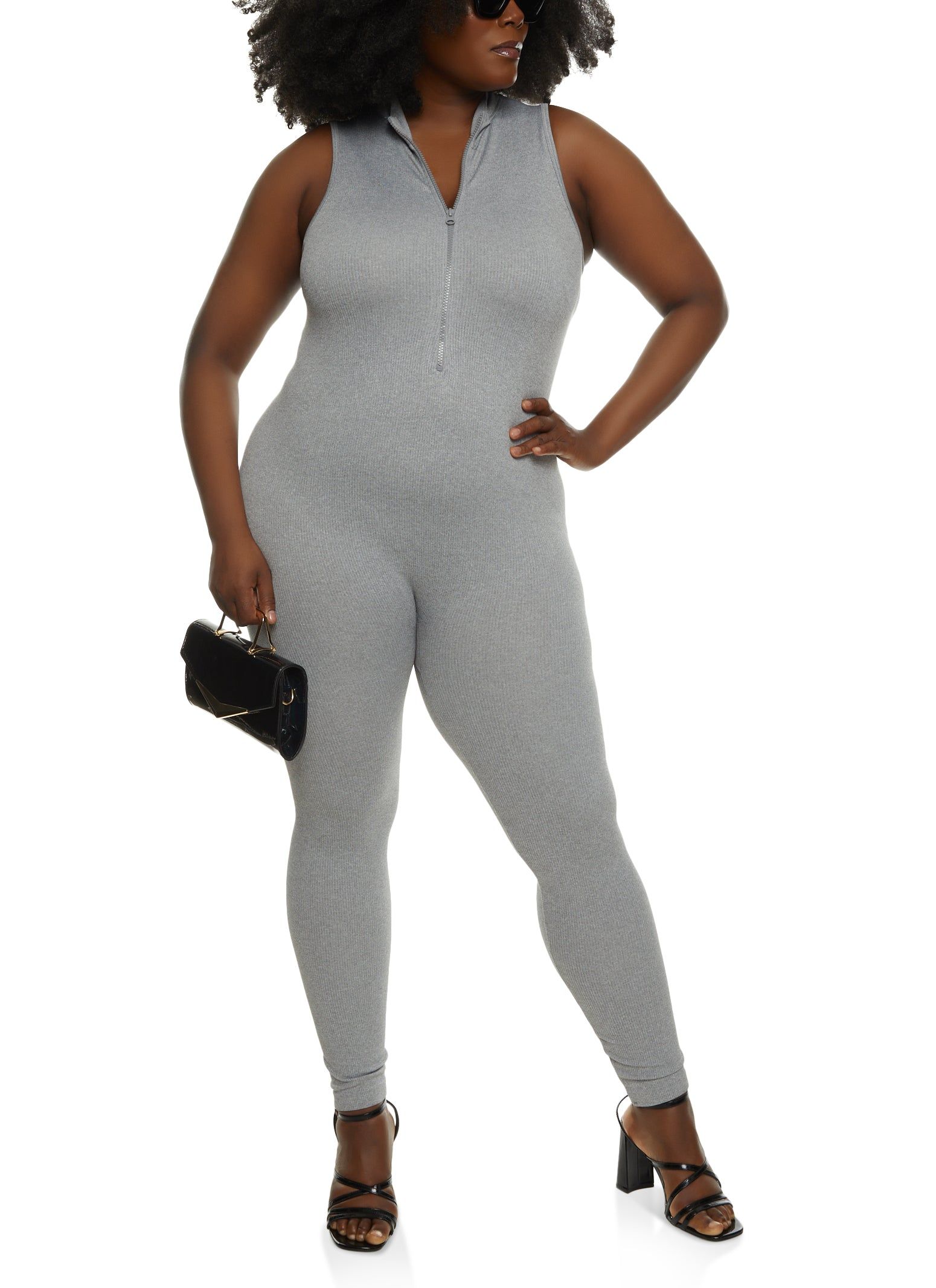 Plus Size Sleeveless Half Zip Catsuit sold by Rainbow
