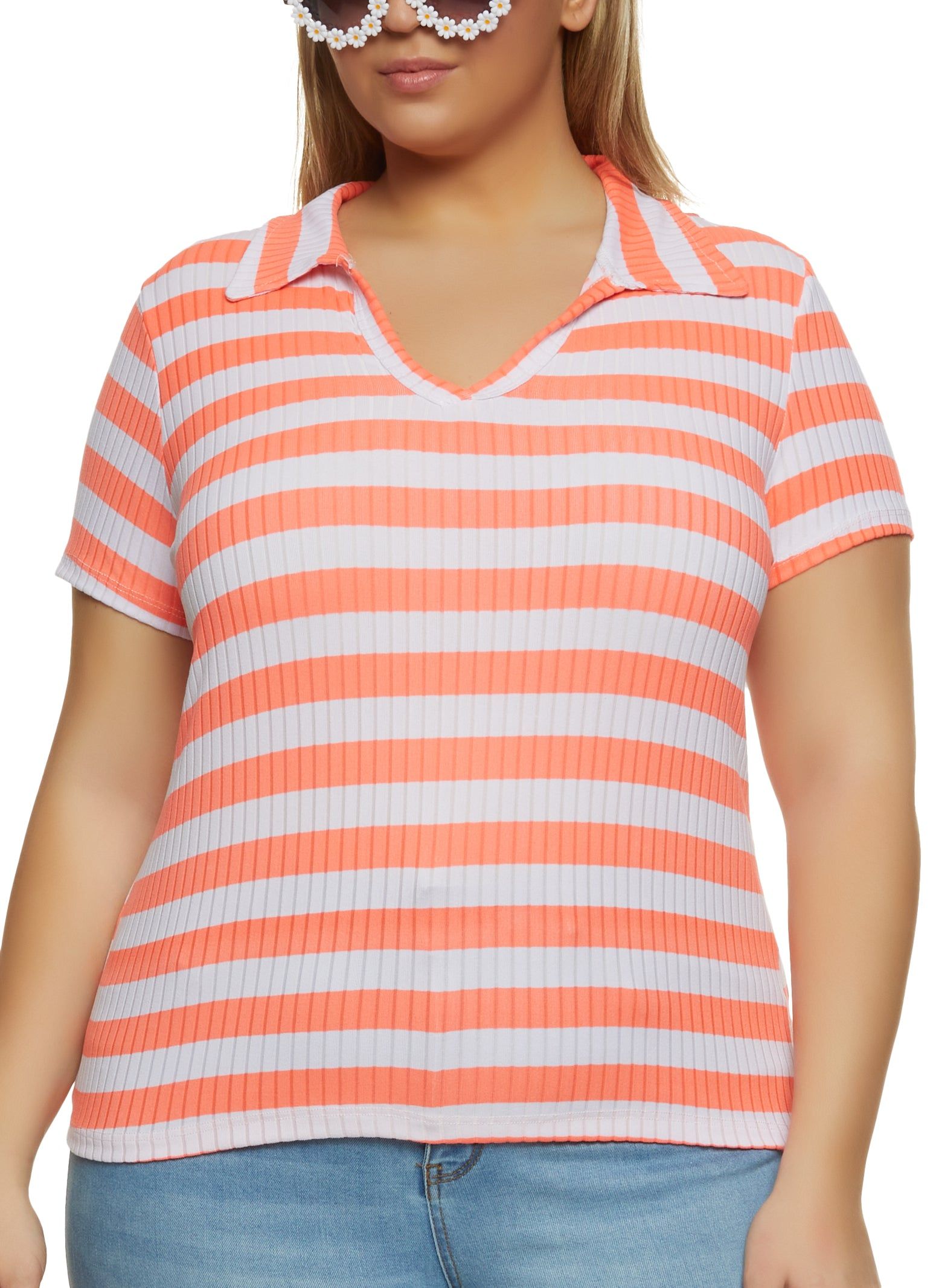 Plus Size Rib Knit Striped Polo Shirt sold by Rainbow