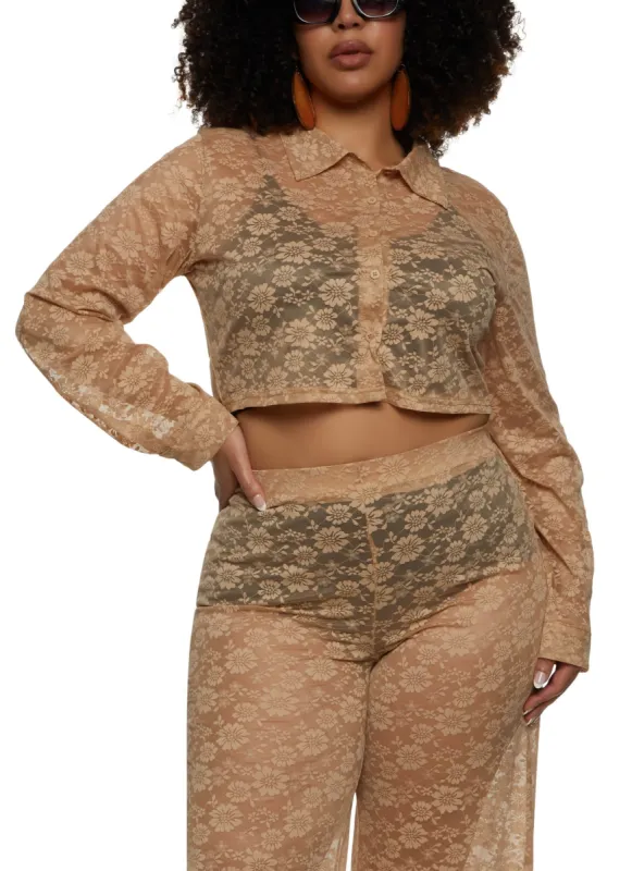 Plus Size Floral Lace Cropped Shirt sold by Rainbow