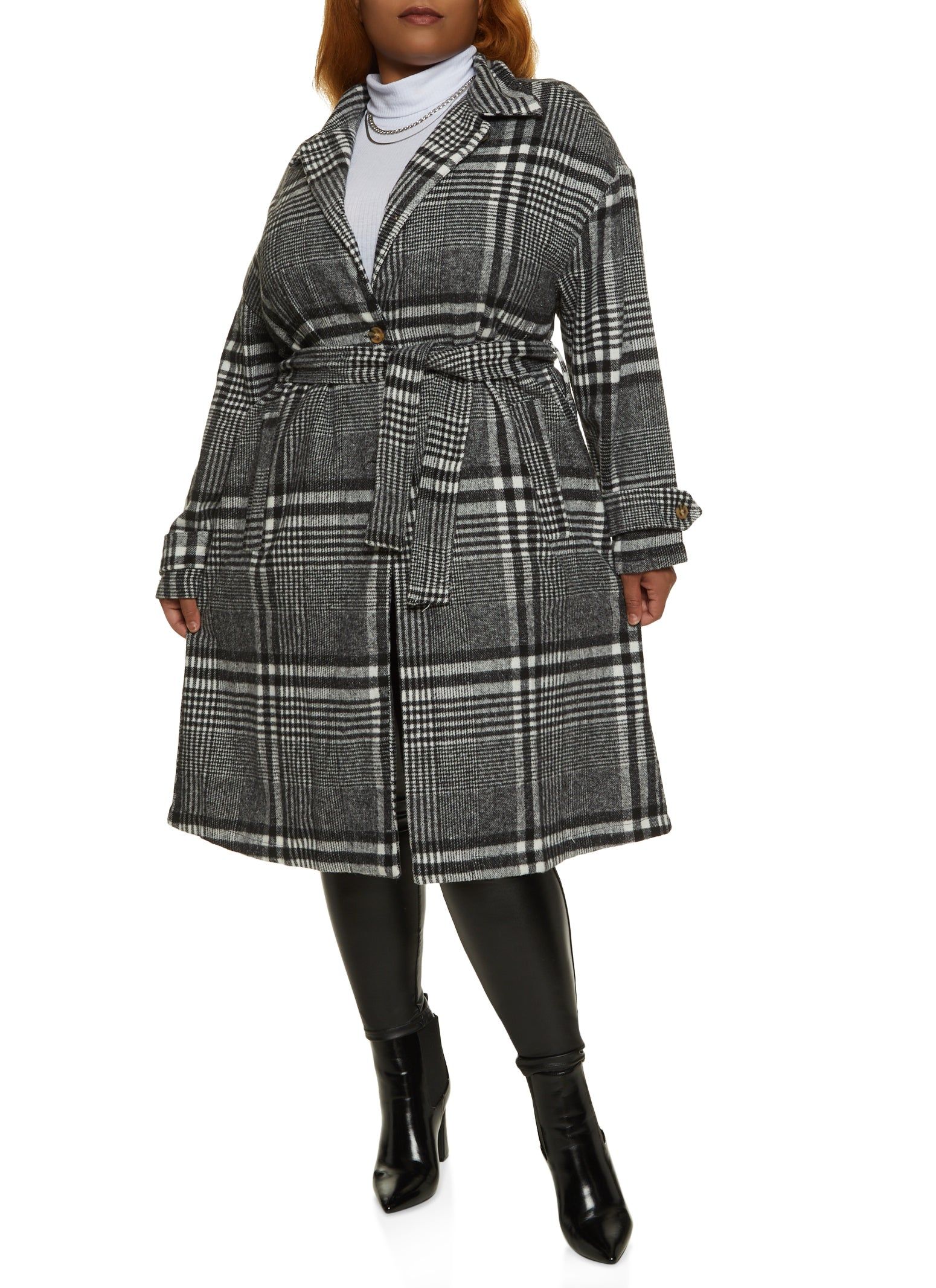 Plus Size Brushed Knit Plaid Belted Longline Shacket sold by Rainbow product image thumbnail 2