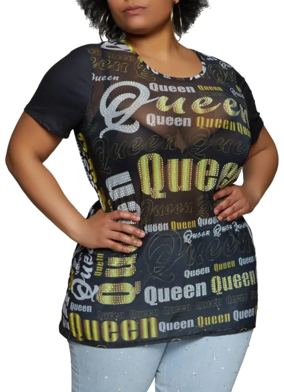 Plus Size Mesh Rhinestone Queen Print Top sold by Rainbow