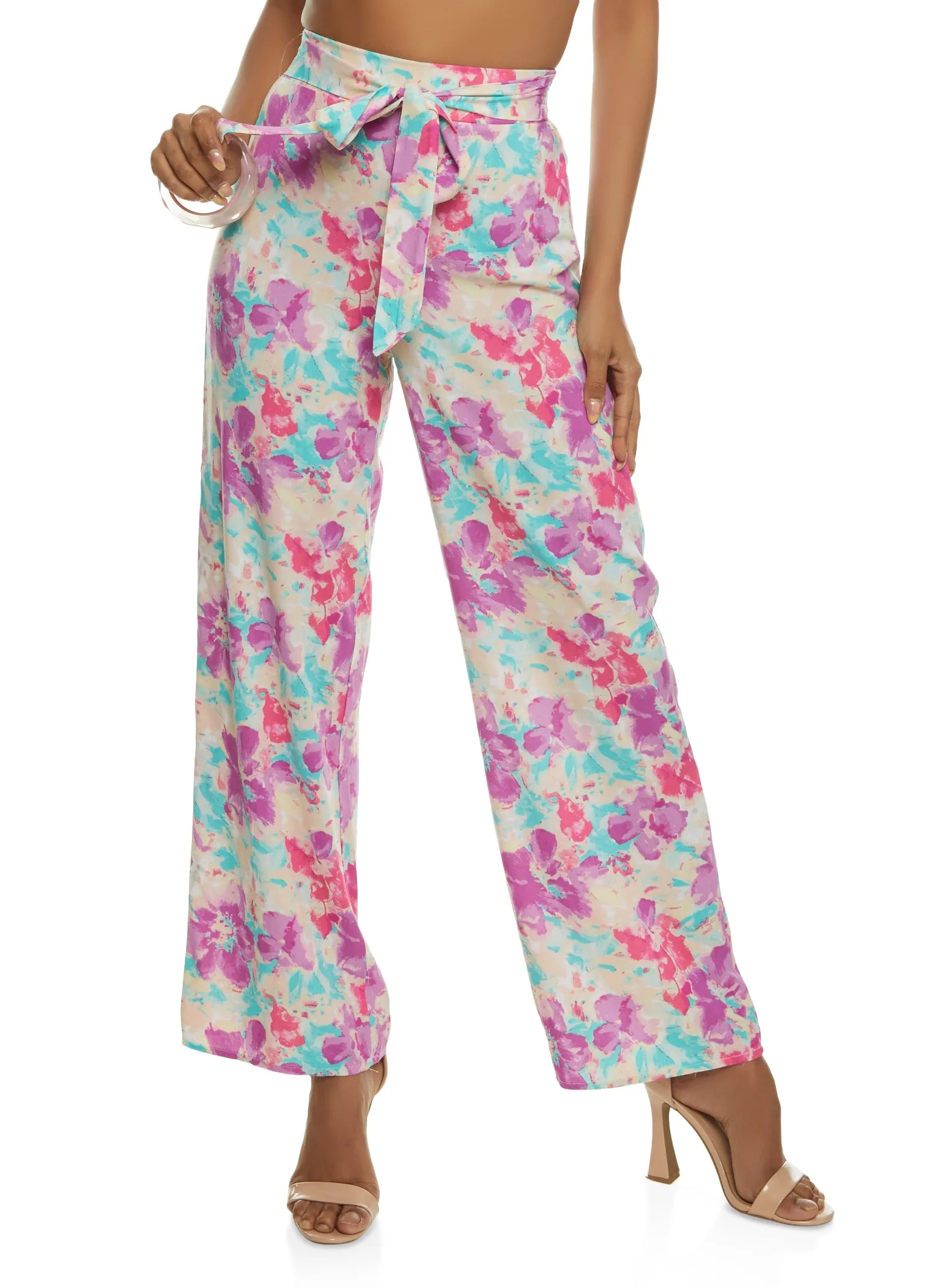Printed Tie Front Wide Leg Pants sold by Rainbow