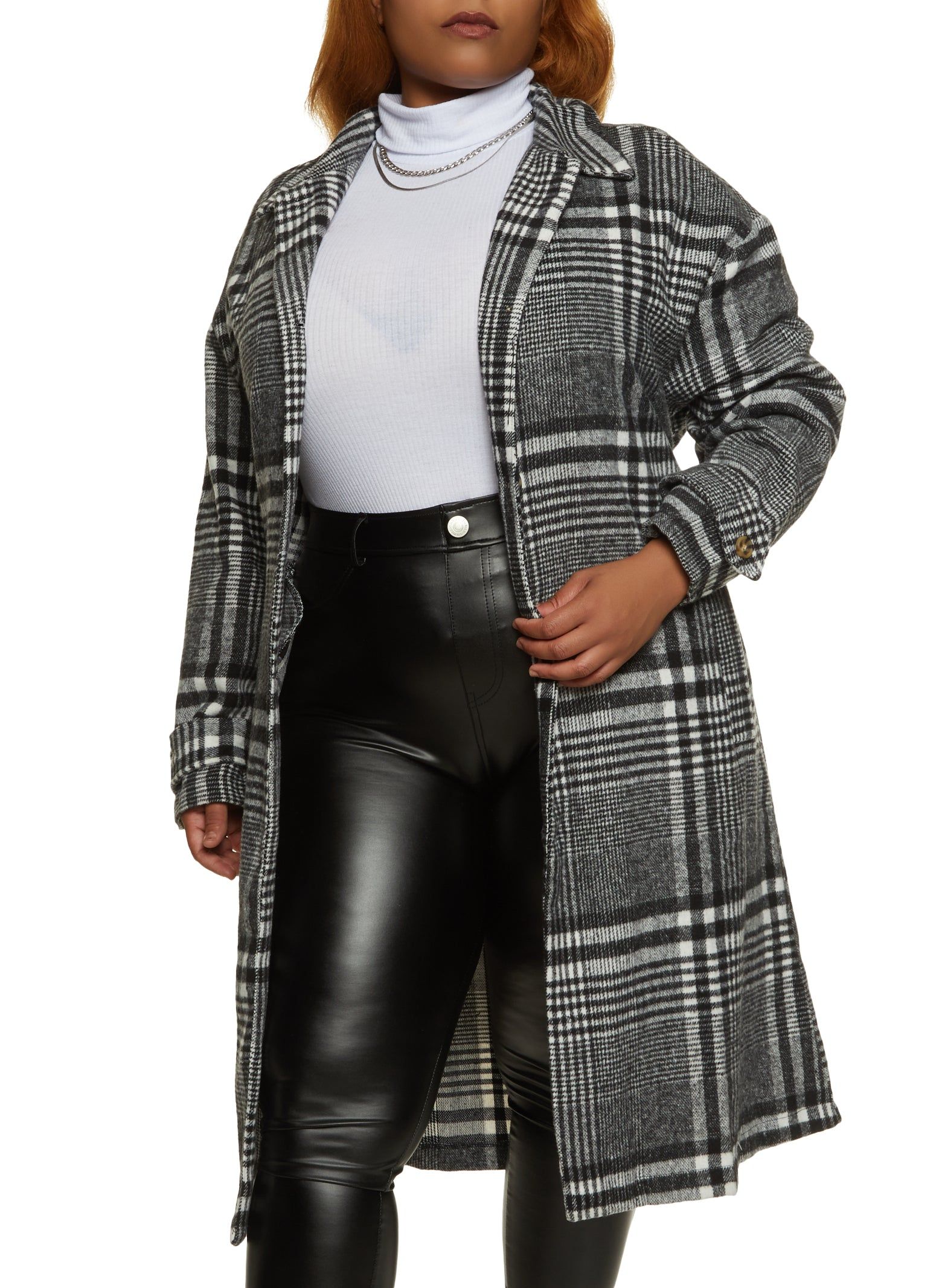 Plus Size Brushed Knit Plaid Belted Longline Shacket sold by Rainbow