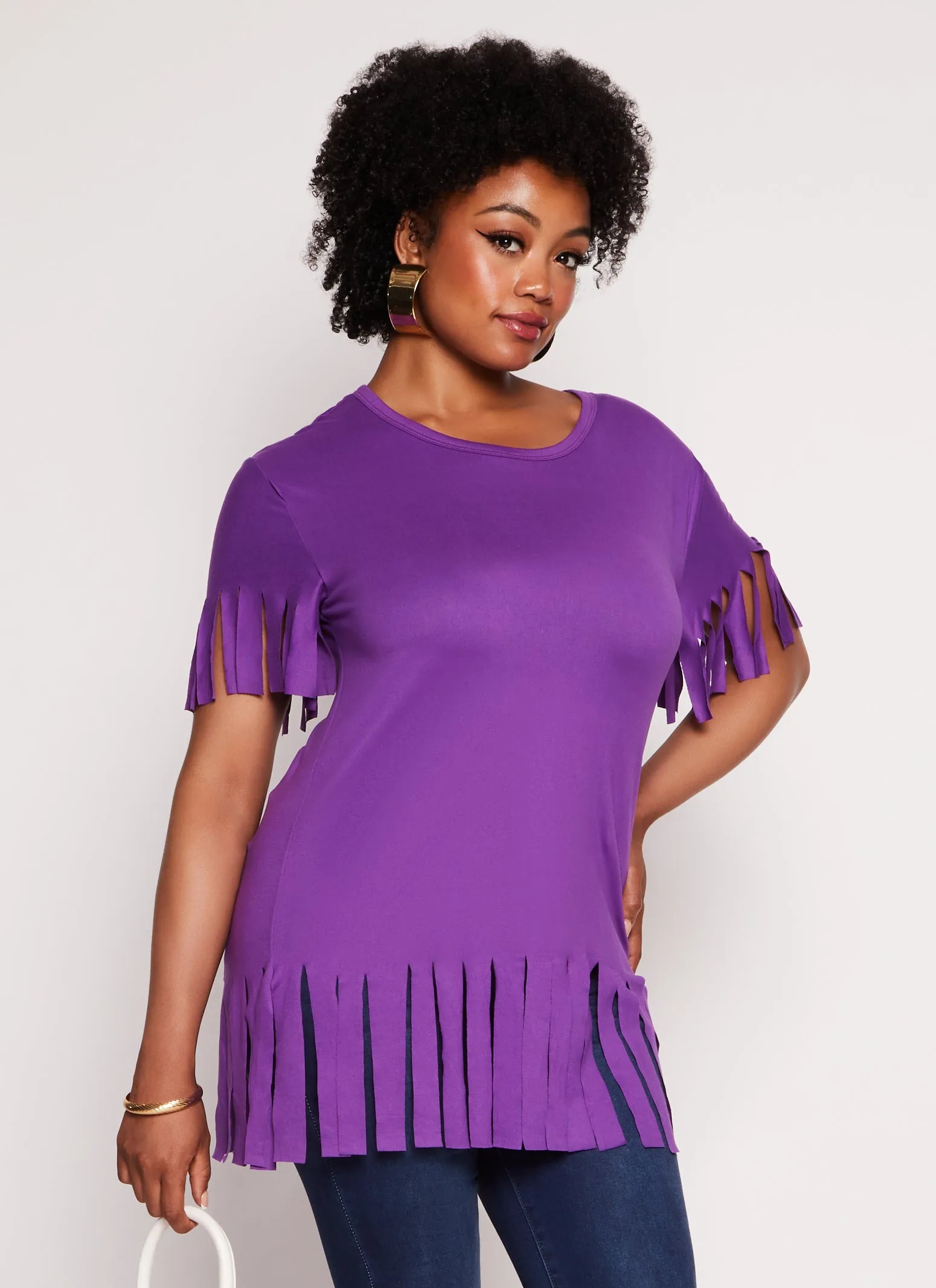 Plus Size Short Sleeve Fringe Hem T Shirt sold by Rainbow