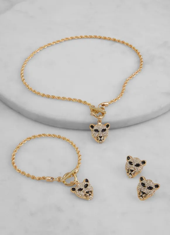 Rhinestone Leopard Pendant Necklace with Bracelet and Earrings sold by Rainbow