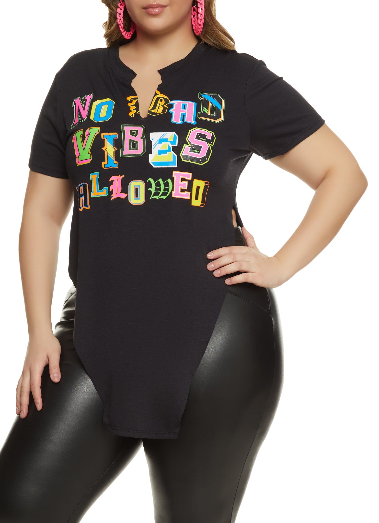 Plus Size No Bad Vibes Allowed Hanky Hem Graphic Tee sold by Rainbow