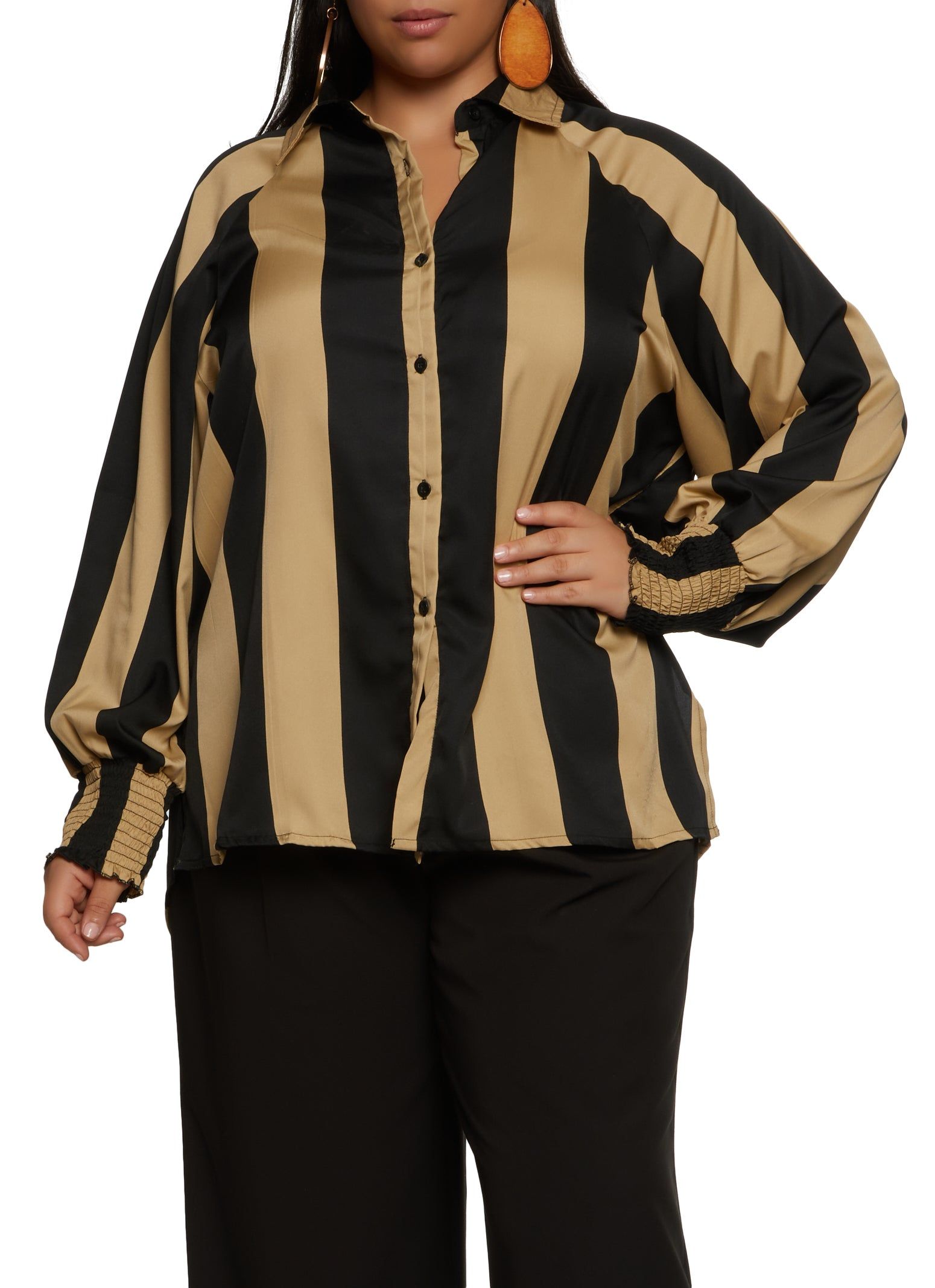 Plus Size Striped Smocked Cuff Button Front Blouse sold by Rainbow