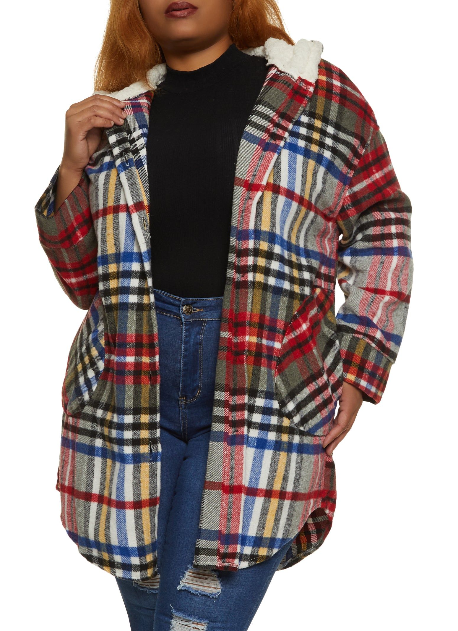 Plus Size Plaid Sherpa Lined Hooded Longline Shacket sold by Rainbow
