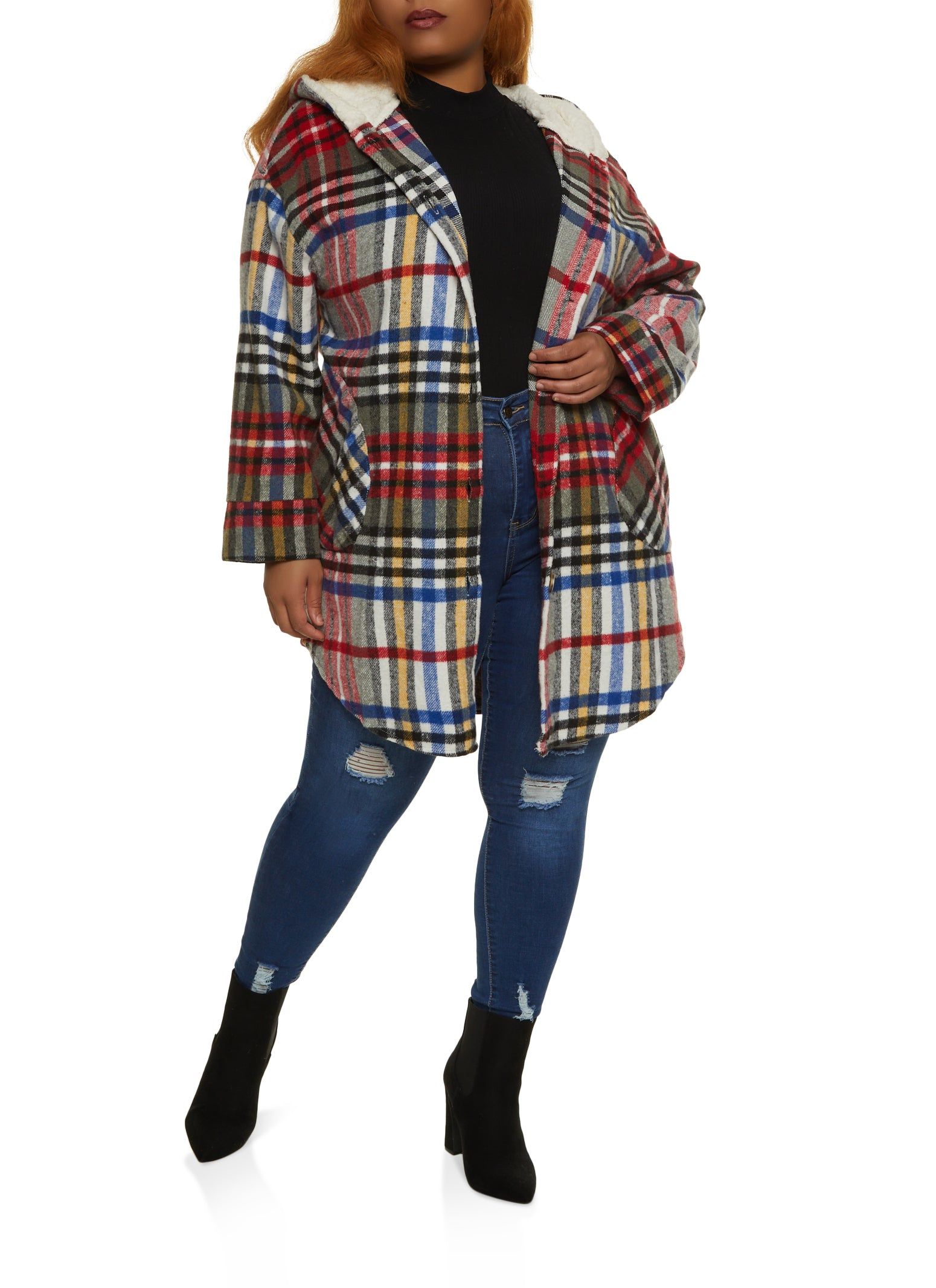 Plus Size Plaid Sherpa Lined Hooded Longline Shacket sold by Rainbow product image thumbnail 2