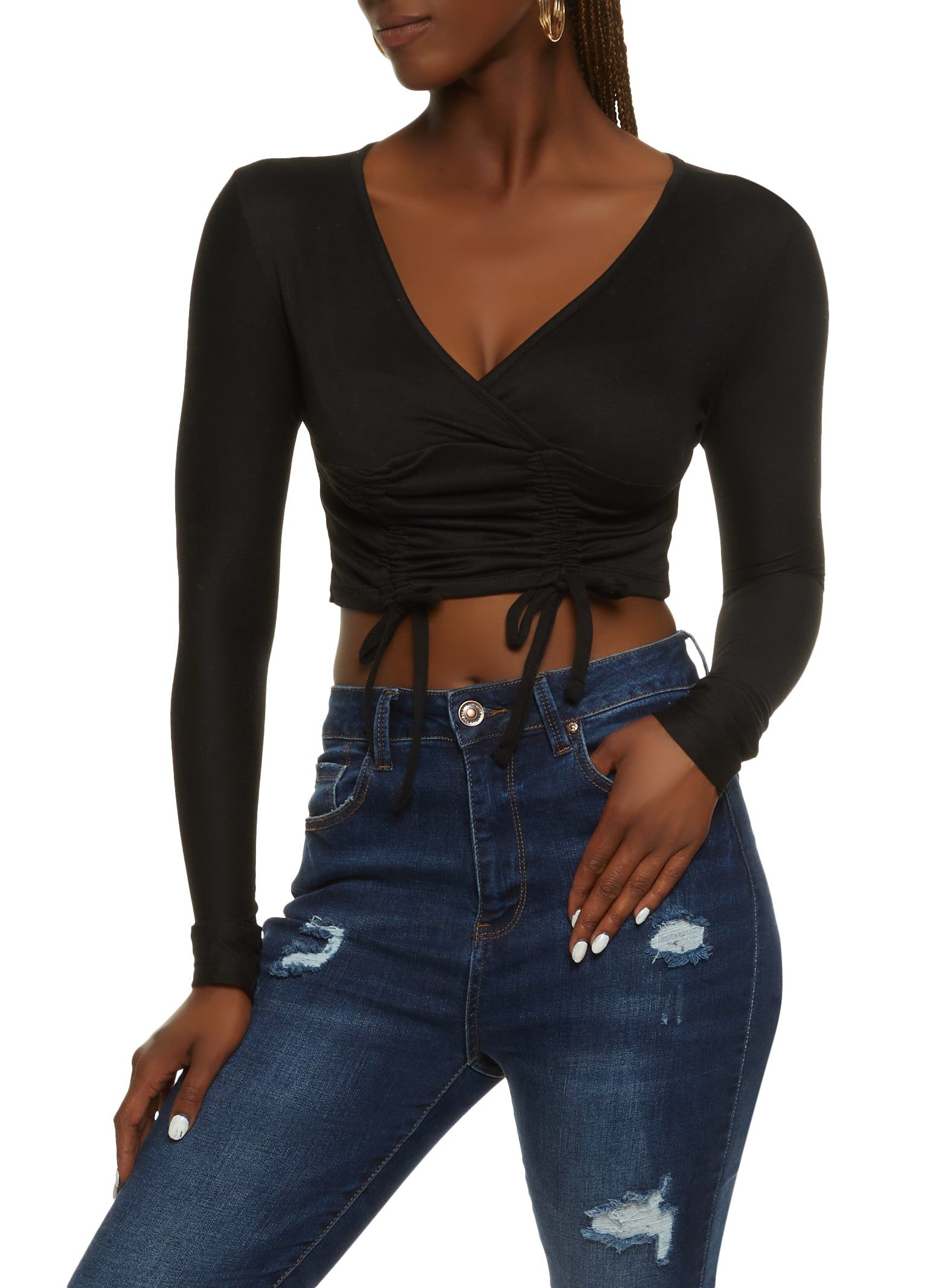Faux Wrap Ruched Detail Crop Top sold by Rainbow