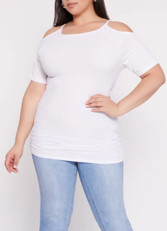 Plus Size Ribbed Cold Shoulder Ruched Short Sleeve Top sold by Rainbow