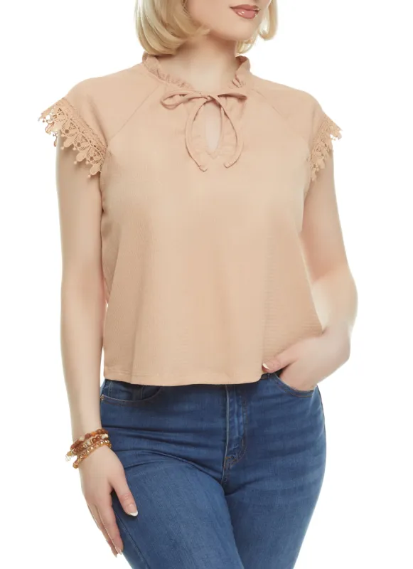 Textured Knit Lace Trim Sleeve Blouse sold by Rainbow
