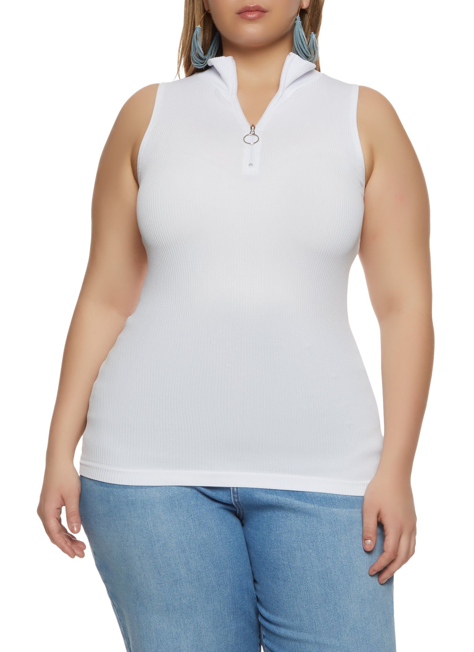 Plus Size Ribbed Sleeveless Zip Neck Top sold by Rainbow