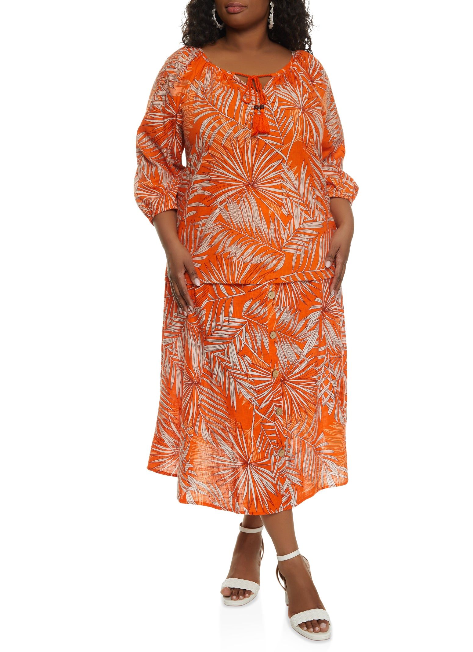 Plus Size Palm Printed Tie Neck Peasant Top sold by Rainbow product image thumbnail 2